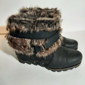 Sorel Joan Leather Women Brown and Black Size 7 Faux Fur High Wedge Bootie